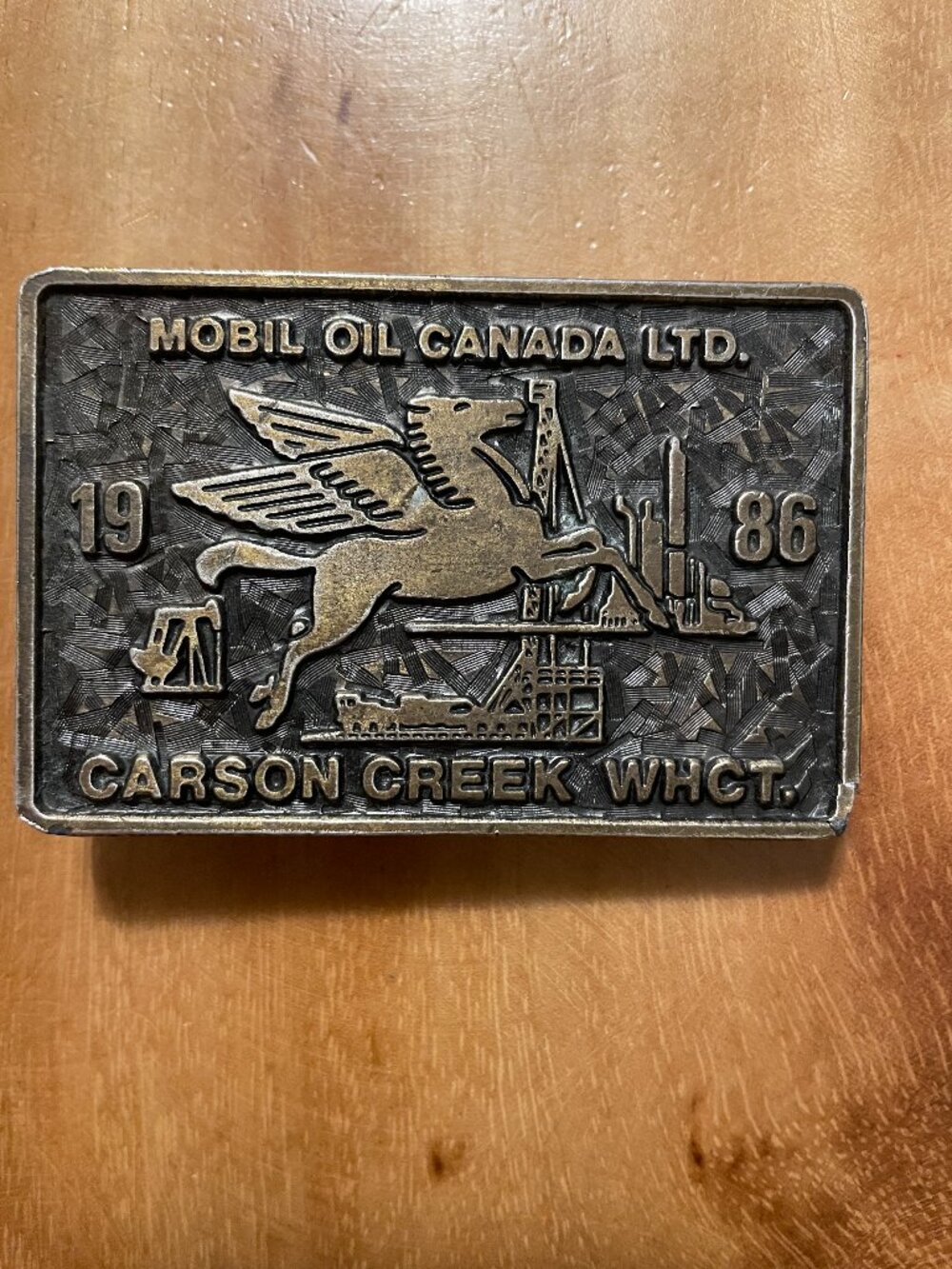 1986 Mobil Oil Canada Carson Creek WHCT Pegasus Oilfield Belt Buckle